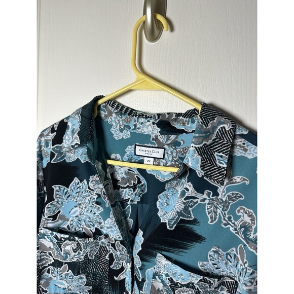 Charter Club Blouse Plus Size 2X Blue Floral Button Roll Tab Sleeve Abstract - Picture 5 of 15